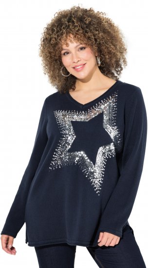 Ulla Popken Sequined Star Rolled Edge Sweater Navy - Naisten hupparit ja collegepaidat isot koot - 