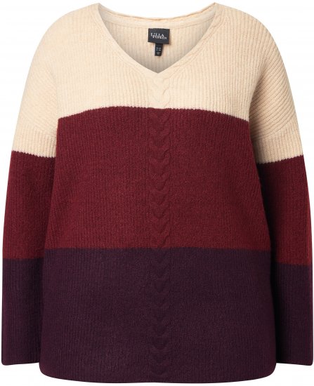Ulla Popken Cable Knit Block Stripe V-Neck Sweater Dark Ruby - Hupparit ja collegepaidat - 