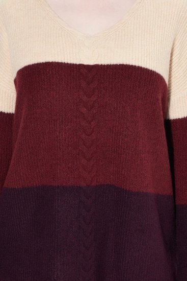 Ulla Popken Cable Knit Block Stripe V-Neck Sweater Dark Ruby - Naisten hupparit ja collegepaidat isot koot - Mukavat collegepaidat, huput ja neuleet