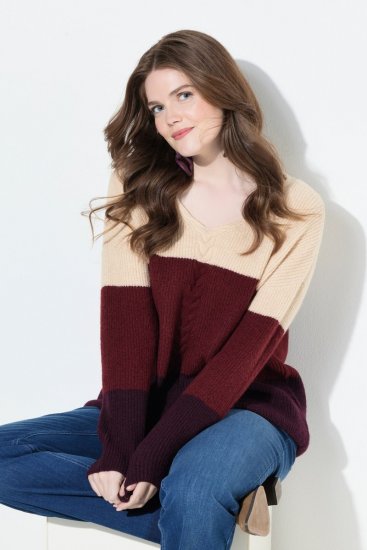 Ulla Popken Cable Knit Block Stripe V-Neck Sweater Dark Ruby - Naisten hupparit ja collegepaidat isot koot - Mukavat collegepaidat, huput ja neuleet