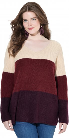 Ulla Popken Cable Knit Block Stripe V-Neck Sweater Dark Ruby - Hupparit ja collegepaidat - 