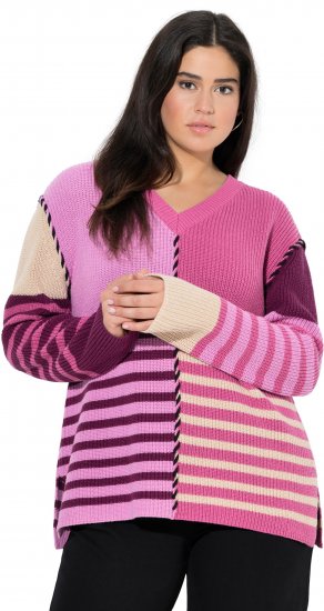 Ulla Popken Patchwork Striped Long Sleeve V-Neck Sweater Raspberry - Naisten hupparit ja collegepaidat isot koot - 