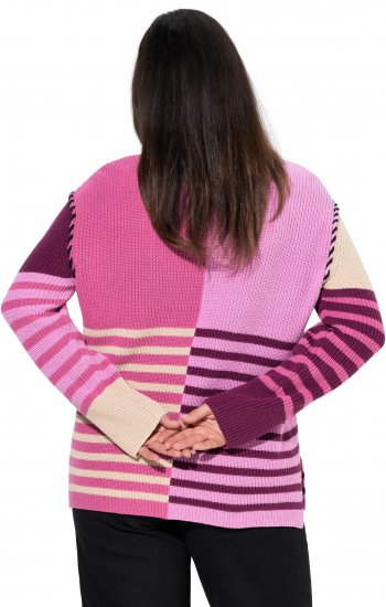 Ulla Popken Patchwork Striped Long Sleeve V-Neck Sweater Raspberry - Naisten hupparit ja collegepaidat isot koot - 