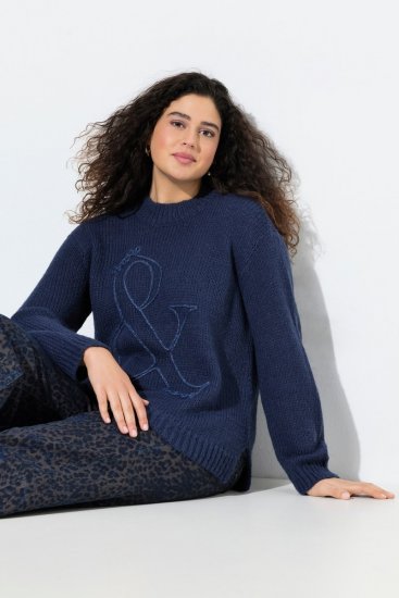 Ulla Popken Textured Glitter Embroidery Oversized Sweater Ink Blue - Naisten hupparit ja collegepaidat isot koot - Mukavat collegepaidat, huput ja neuleet