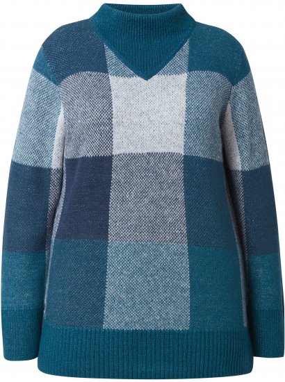 Ulla Popken Grand Check Long Sleeve Sweater Teal - Naisten hupparit ja collegepaidat isot koot - 