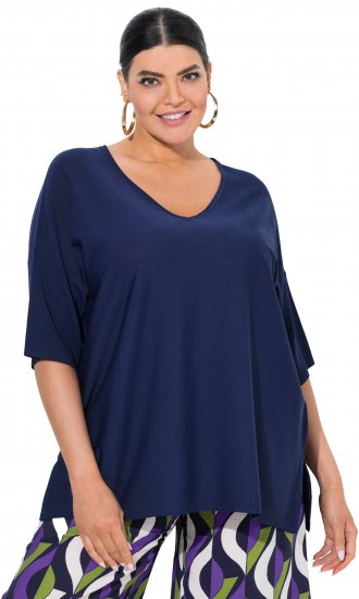 Ulla Popken Oversized 3/4 Sleeve V-Neck Sweater Navy - Naisten hupparit ja collegepaidat isot koot - 