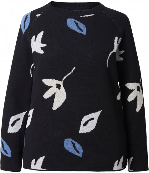 Ulla Popken Eco Cotton Leaf Pattern Long Sleeve Sweater Black - Naisten hupparit ja collegepaidat isot koot - 