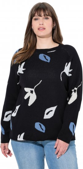 Ulla Popken Eco Cotton Leaf Pattern Long Sleeve Sweater Black - Naisten hupparit ja collegepaidat isot koot - 