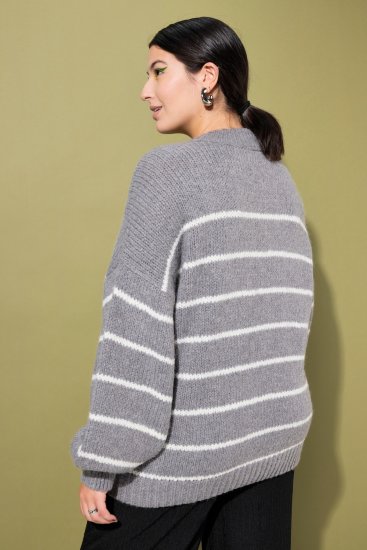 Ulla Popken Oversized Striped Balloon Sleeve Sweater Grey Melange - Naisten hupparit ja collegepaidat isot koot - 