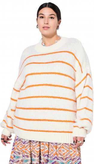 Ulla Popken Oversized Striped Balloon Sleeve Sweater Off-White - Hupparit ja collegepaidat - 