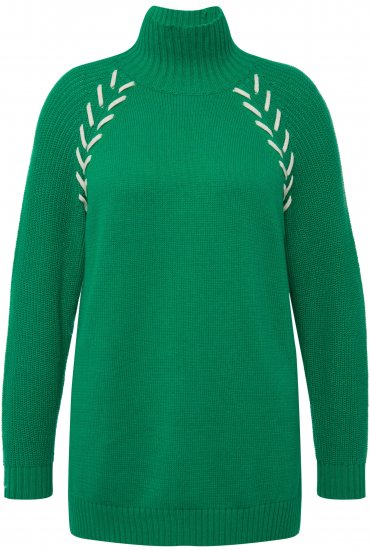 Ulla Popken Contrast Braid Turtleneck Sweater Emerald Green - Naisten hupparit ja collegepaidat isot koot - 