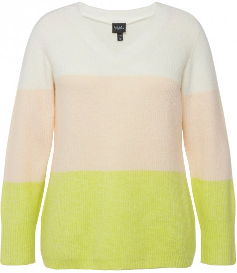 Ulla Popken Block Stripe Long Sleeve V-Neck Sweater Lime Green - Hupparit ja collegepaidat - 