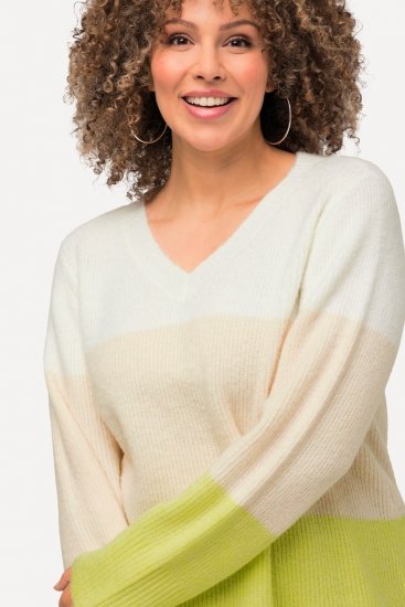 Ulla Popken Block Stripe Long Sleeve V-Neck Sweater Lime Green - Naisten hupparit ja collegepaidat isot koot - Mukavat collegepaidat, huput ja neuleet