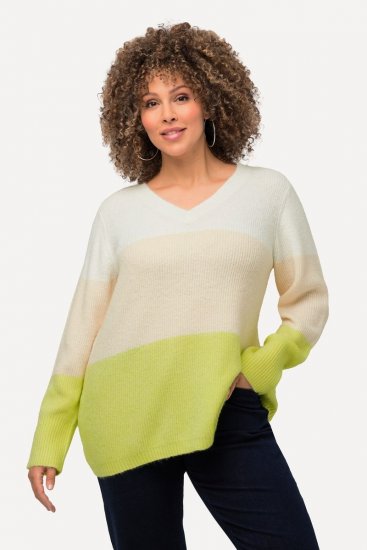 Ulla Popken Block Stripe Long Sleeve V-Neck Sweater Lime Green - Naisten hupparit ja collegepaidat isot koot - Mukavat collegepaidat, huput ja neuleet