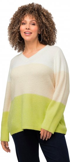 Ulla Popken Block Stripe Long Sleeve V-Neck Sweater Lime Green - Hupparit ja collegepaidat - 