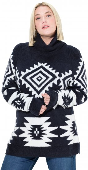 Ulla Popken Aztec-Inspired Long Sleeve Turtleneck Sweater Navy - Naisten hupparit ja collegepaidat isot koot - 
