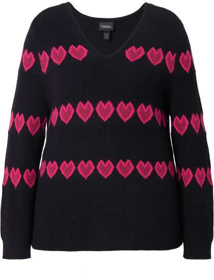 Ulla Popken Heart Print Long Sleeve V-Neck Sweater Black - Naisten hupparit ja collegepaidat isot koot - 