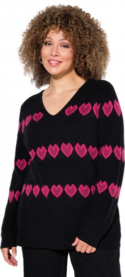 Ulla Popken Heart Print Long Sleeve V-Neck Sweater Black - Naisten hupparit ja collegepaidat isot koot - 