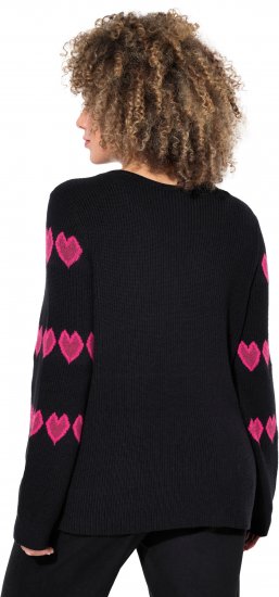 Ulla Popken Heart Print Long Sleeve V-Neck Sweater Black - Naisten hupparit ja collegepaidat isot koot - 