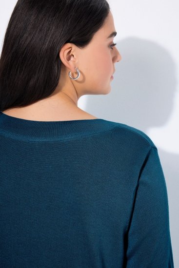 Ulla Popken Soft Fine Knit Pullover V-Neck Sweatshirt Teal - Naisten hupparit ja collegepaidat isot koot - Mukavat collegepaidat, huput ja neuleet