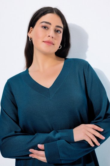 Ulla Popken Soft Fine Knit Pullover V-Neck Sweatshirt Teal - Naisten hupparit ja collegepaidat isot koot - Mukavat collegepaidat, huput ja neuleet
