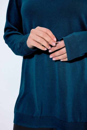 Ulla Popken Soft Fine Knit Pullover V-Neck Sweatshirt Teal - Naisten hupparit ja collegepaidat isot koot - Mukavat collegepaidat, huput ja neuleet