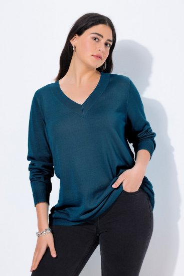 Ulla Popken Soft Fine Knit Pullover V-Neck Sweatshirt Teal - Naisten hupparit ja collegepaidat isot koot - Mukavat collegepaidat, huput ja neuleet