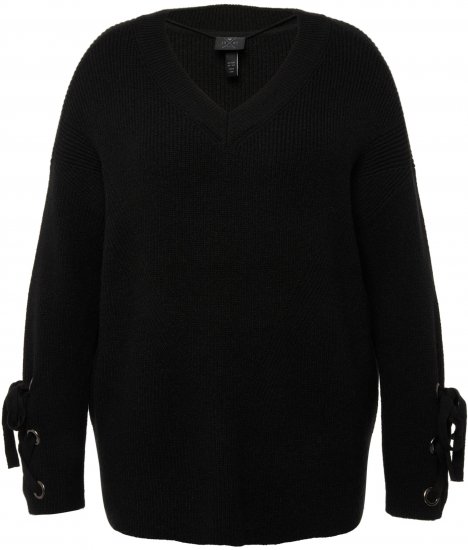 Ulla Popken Lace-Up Cuff Long Sleeve V-Neck Sweater Black - Naisten hupparit ja collegepaidat isot koot - 