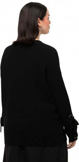 Ulla Popken Lace-Up Cuff Long Sleeve V-Neck Sweater Black - Naisten hupparit ja collegepaidat isot koot - 
