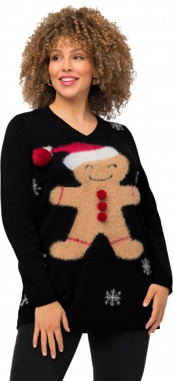 Ulla Popken Gingerbread Man Christmas Sweater Black - Naisten hupparit ja collegepaidat isot koot - 