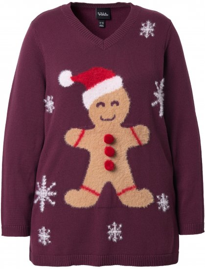 Ulla Popken Gingerbread Man Christmas Sweater Dark Wine Red - Naisten hupparit ja collegepaidat isot koot - 
