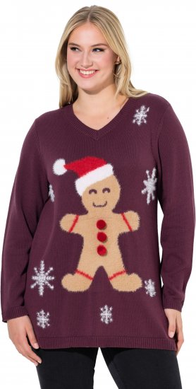 Ulla Popken Gingerbread Man Christmas Sweater Dark Wine Red - Naisten hupparit ja collegepaidat isot koot - 