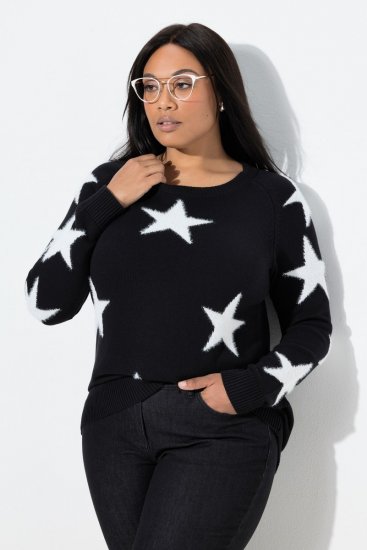 Ulla Popken Glitter Stars Soft Knit Sweater Black - Naisten hupparit ja collegepaidat isot koot - Mukavat collegepaidat, huput ja neuleet