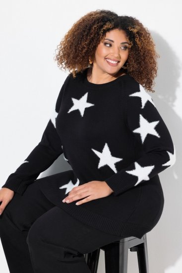 Ulla Popken Glitter Stars Soft Knit Sweater Black - Naisten hupparit ja collegepaidat isot koot - Mukavat collegepaidat, huput ja neuleet