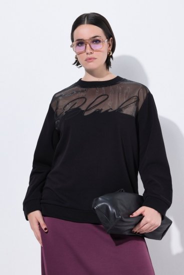 Ulla Popken Tulle Panel Sweatshirt Black - Naisten hupparit ja collegepaidat isot koot - Mukavat collegepaidat, huput ja neuleet