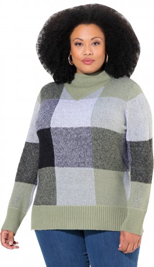 Ulla Popken Grand Check Long Sleeve Sweater Sage Green - Naisten hupparit ja collegepaidat isot koot - 