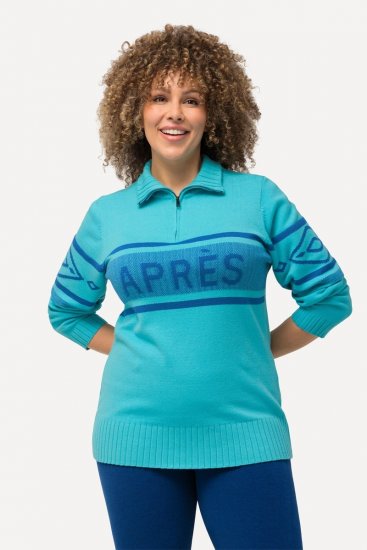 Ulla Popken Apres Ski Long Sleeve Troyer Collar Sweater Bright Turquoise - Naisten hupparit ja collegepaidat isot koot - Mukavat collegepaidat, huput ja neuleet