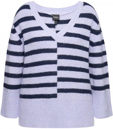 Ulla Popken Split Stripe Long Sleeve V-Neck Sweater Blue Grey - Naisten hupparit ja collegepaidat isot koot - 