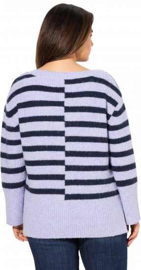 Ulla Popken Split Stripe Long Sleeve V-Neck Sweater Blue Grey - Naisten hupparit ja collegepaidat isot koot - 