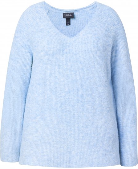 Ulla Popken Long Sleeve V-Neck Ribbed Knit Sweater Light Blue - Naisten hupparit ja collegepaidat isot koot - 