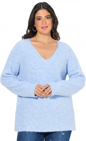 Ulla Popken Long Sleeve V-Neck Ribbed Knit Sweater Light Blue - Naisten hupparit ja collegepaidat isot koot - 