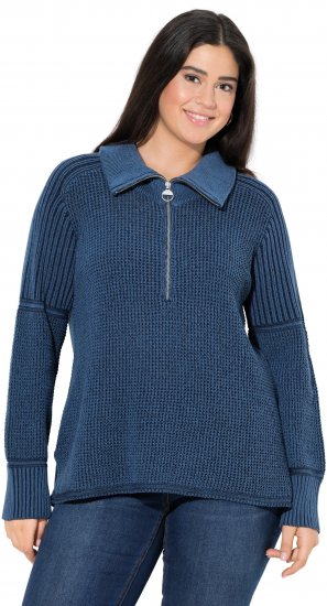 Ulla Popken Two-Tone Mixed Knit Troyer Collar Sweater Navy - Hupparit ja collegepaidat - 
