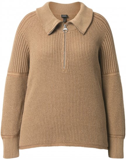Ulla Popken Two-Tone Mixed Knit Troyer Collar Sweater Caramel - Naisten hupparit ja collegepaidat isot koot - 