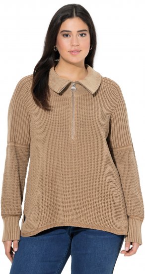 Ulla Popken Two-Tone Mixed Knit Troyer Collar Sweater Caramel - Naisten hupparit ja collegepaidat isot koot - 