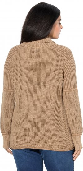 Ulla Popken Two-Tone Mixed Knit Troyer Collar Sweater Caramel - Naisten hupparit ja collegepaidat isot koot - 