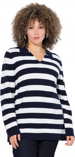 Ulla Popken Striped Polo Collar Long Sleeve Sweater Navy - Naisten hupparit ja collegepaidat isot koot - 