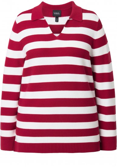 Ulla Popken Striped Polo Collar Long Sleeve Sweater Ruby Red - Naisten hupparit ja collegepaidat isot koot - 