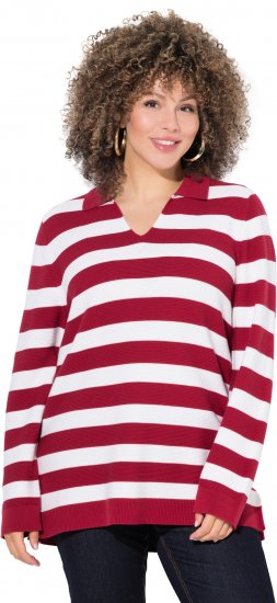 Ulla Popken Striped Polo Collar Long Sleeve Sweater Ruby Red - Naisten hupparit ja collegepaidat isot koot - 