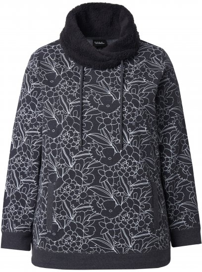 Ulla Popken Teddy Collar Printed Sweatshirt Black - Naisten hupparit ja collegepaidat isot koot - 