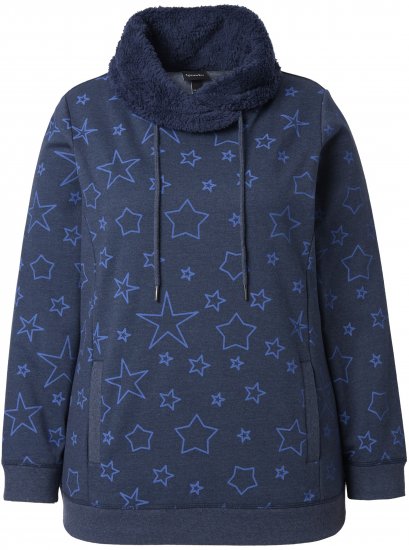 Ulla Popken Teddy Collar Printed Sweatshirt Navy - Naisten hupparit ja collegepaidat isot koot - 